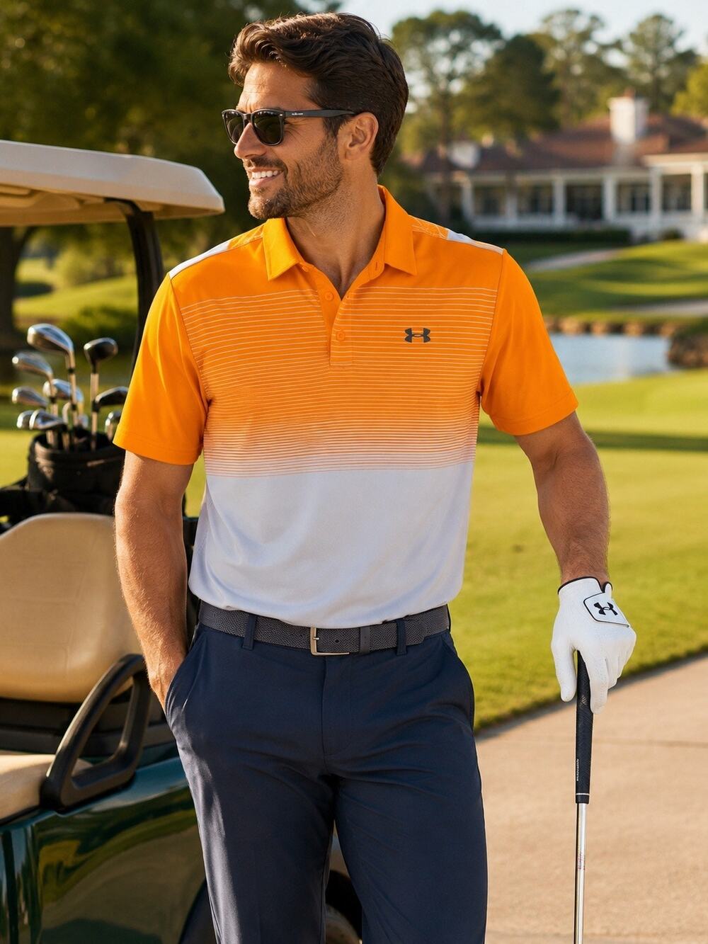Under Armour Playoff Polo Golf Shirt Men’s L Orange White Performance UPF 30